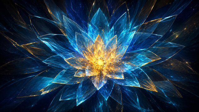 Fleur cristalline rayonnante bleu saphir et or