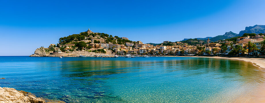Panoramic view of the city in Mallorca, Soller port, featuring a lovely beach, Spain