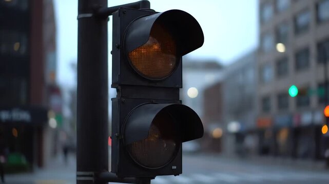 Red traffic light at a crossroad, city lights and cars blurred in the background