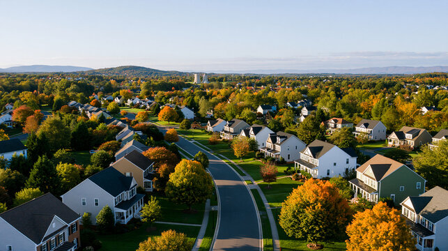 Autumn panoramic drone view of modern single-family upper and middle class houses in Virginia USA, American real estate concept, with copy space