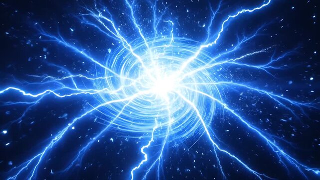 An abstract representation of a powerful energy explosion with bright blue lightning bolts radiating outwards from a central white light source