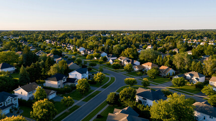 Aerial view of an American suburb in summertime, establishing shot of a residential neighborhood with houses, drone photography concept, with copy space © Kateryna Arkhypova