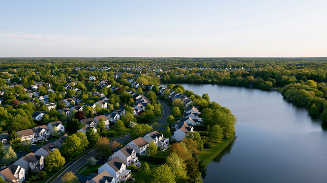 Aerial panorama view of a residential suburban town near a lake in New Jersey, dwelling home real estate concept, with copy space