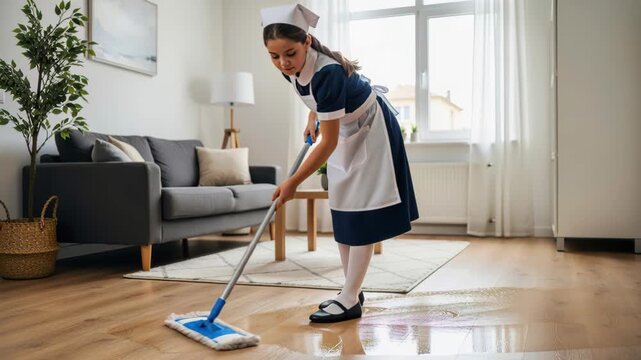 Vintage Maid Cleaning Living Room: A young girl in vintage maid attire diligently mops a wooden floor in a bright, stylish living room. Capturing a scene of domestic care and retro charm.