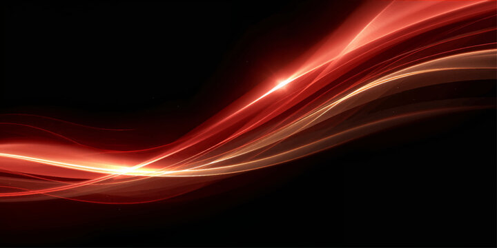 Elegant abstract red and rose gold light wave ribbon on black background