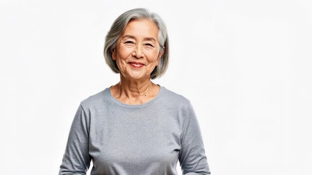 Serene Senior: A smiling elderly Asian woman with elegant grey hair and a warm gaze exudes a sense of contentment and wisdom.