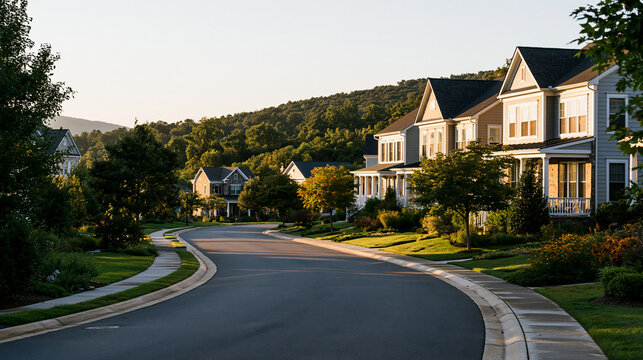 Cul-de-sac street surrounded by luxury two-story homes in a new residential East Coast USA neighborhood at sunset, with copy space