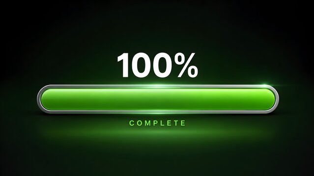 Green glowing complete progress bar showing 100 percent loading status representing successful software update and digital download