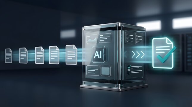 Automated artificial intelligence document processing system verifying files with glowing green checkmark in modern data center infrastructure