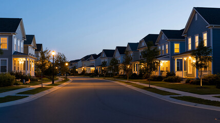 Obraz premium American subdivision street at dusk with warm porch lights glowing, inviting residential atmosphere concept, with copy space