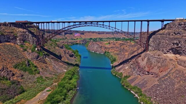Scenic aerial view of the iconic Perrine Memorial Bridge spanning the Snake River canyon in Twin Falls Idaho