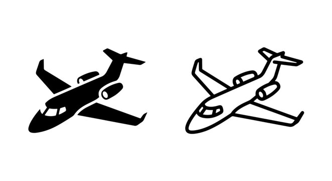 Private jet airplane silhouette icon set for aviation and travel themes with airplane