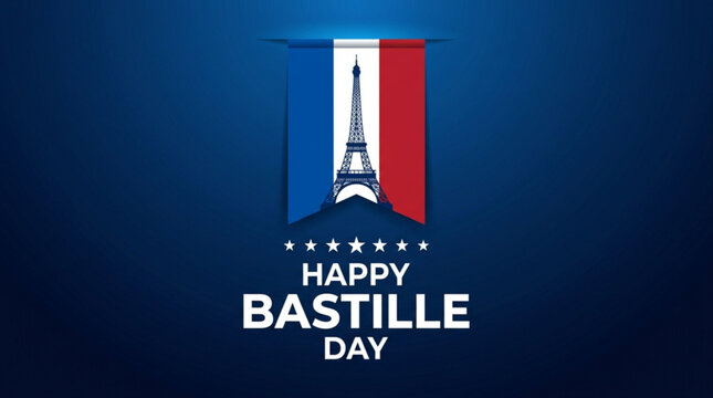 Happy Bastille Day Card Design with French Flag Ribbon and Eiffel Tower Silhouette