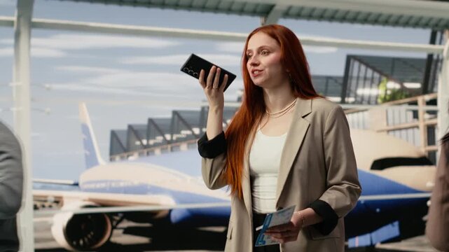 Woman walking in airport terminal recording voice note on smartphone, holding boarding pass, female passenger in business attire sending audio message on phone in airport, holding plane ticket.