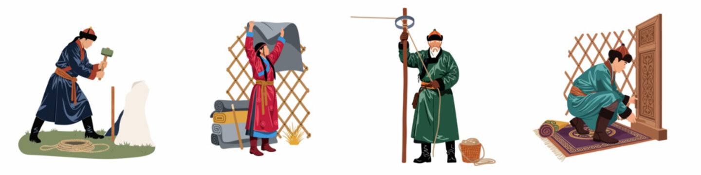 Illustrations of Mongolian People in Traditional Clothing Building and Assembling a Nomadic Yurt or Ger House