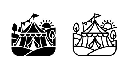 Carnival tent icon in black and outline style with carnival festival landscape © MdDelowar