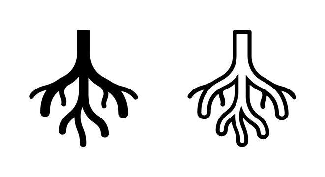 Biological tree root system and branching structure icon set with structure, abstract