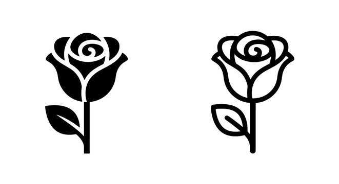 Decorative rose flower icon set in solid and outline style with botanical, decoration