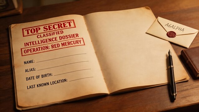 Secret dossier and envelope on wooden table
