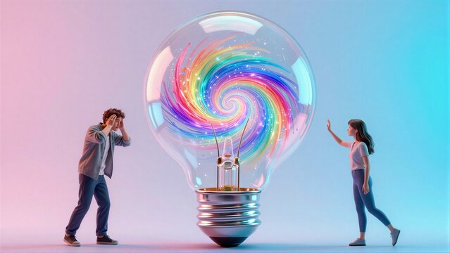 Two figures react to a giant light bulb filled with swirling rainbow energy.