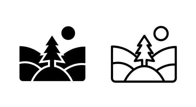 Landscape pine tree and sun icon set in solid and outline style with landscape