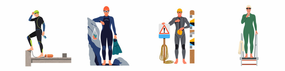 Illustrations of male and female open water swimmers in wetsuits with swimming gear like buoys, fins, and goggles. © Baiti