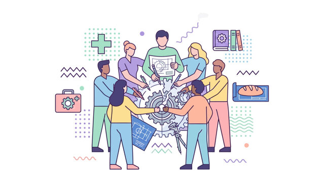 Diverse professional team collaborating on giant industrial gear, interdisciplinary business strategy and engineering teamwork, colorful flat outline style , vector illustration