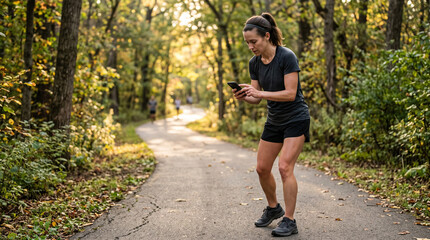 Obraz premium Woman checks her smartphone while jogging on a park path in autumn