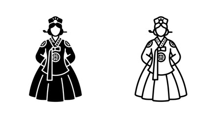 Fototapeta premium Traditional korean hanbok dress solid and outline icon set with clothing, tradition