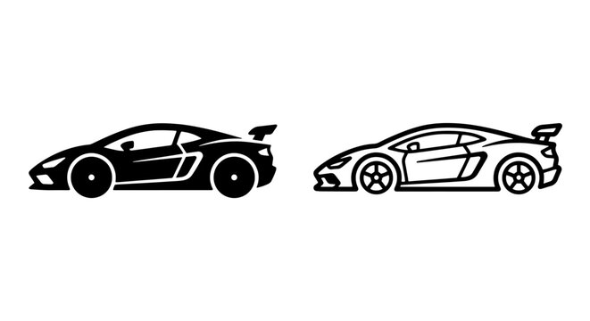 Sleek luxury sports car side silhouette vector icons set solid and line styles