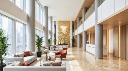 Obraz premium Luxury Modern Hotel Lobby Interior with High Ceilings, Large Windows, and Contemporary Furniture
