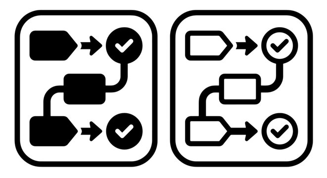 Process flow diagram icons with checkmarks showing workflow completion, workflow