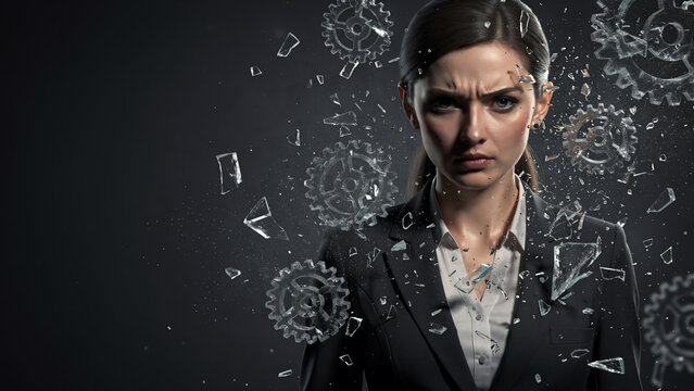 Close-up of a frustrated businesswoman with shattered glass and gears around her, concept for failure, crisis and business collapse