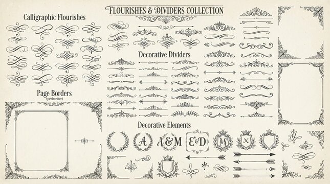 Detailed collection of vintage calligraphic flourishes and elegant decorative dividers featuring ornate page borders and heraldic elements displayed on a textured light beige paper background