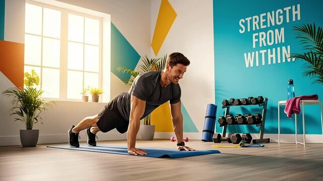A man performs push-ups in a bright, motivational home gym setting.