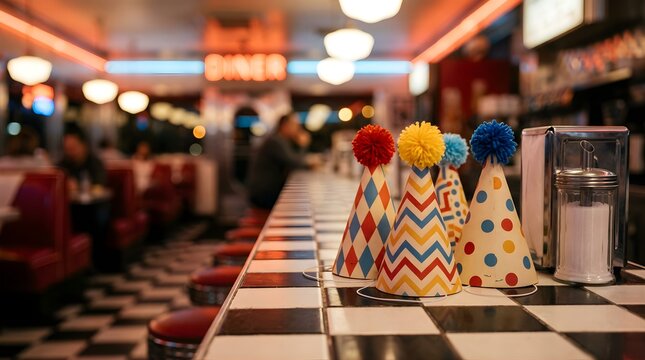 Party hats on checkered counter in blurred retro american diner interior
