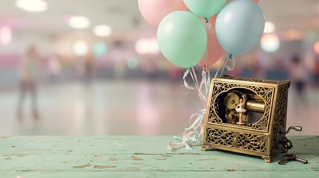Pastel balloons and antique music box on wooden table for birthday celebration