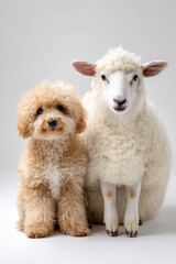 Obraz premium Toy Poodle Standing Beside a Sheep in a Studio Portrait