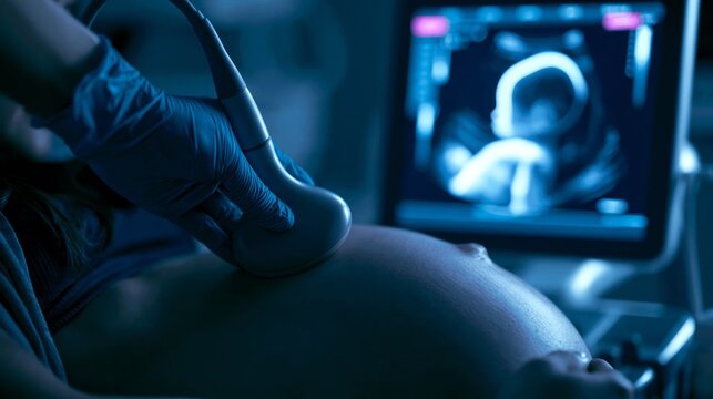 Doctor's gloved hand pressing a convex probe on a pregnant belly with a fetal profile sonogram on the machine screen. Concept of prenatal ultrasound screening.