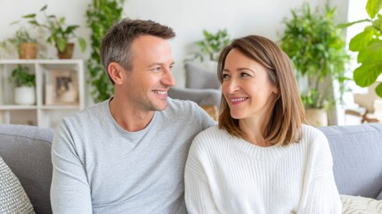 Obraz premium A Couple Sharing a Warm Moment Together in a Cozy Living Room Surrounded by Lush Plants, Exuding Love and Connection in a Bright Atmosphere