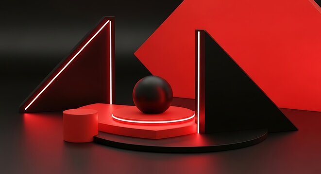 3d metallic sphere on glowing red geometric platform at night