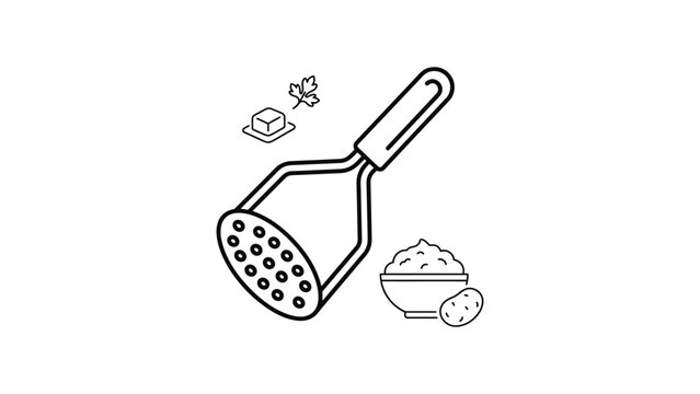 Isometric line art illustration of a potato masher with mashed potatoes and butter.