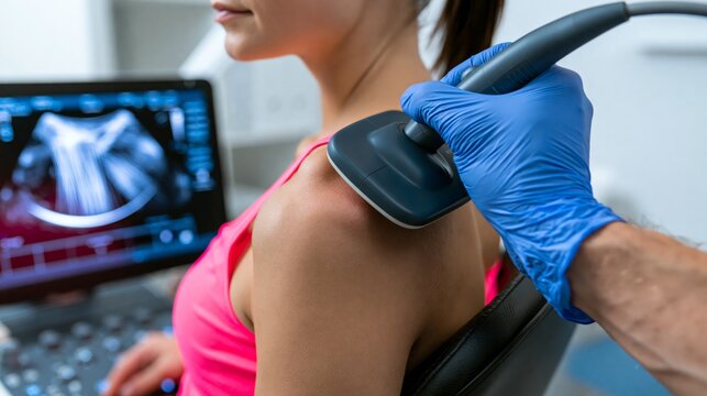 Doctor's gloved hand pressing a probe on a patient's shoulder with a rotator cuff tendon sonogram on the machine screen. Concept of musculoskeletal ultrasound screening.