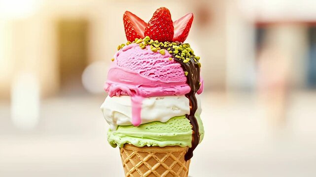 A colorful ice cream cone topped with strawberries and nuts.