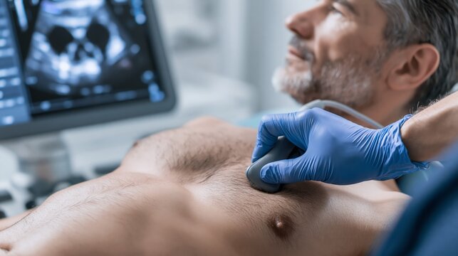 Doctor's gloved hand pressing a cardiac probe on a patient's chest with a four-chamber echocardiogram on the machine screen. Concept of cardiac ultrasound screening.