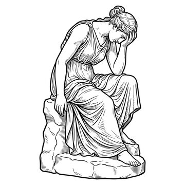 Mourning classical woman in robes sitting on a rock.