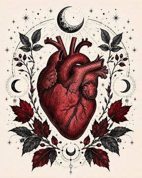 Halloween background and halloween party gothic anatomical human heart with crescent moons, stars, and dark autumn leaves, vintage occult engraving style illustration, generative AI