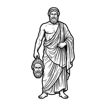 Perseus holding Medusa severed head engraving illustration.