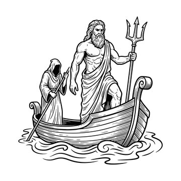 Poseidon with trident on boat in wavy sea