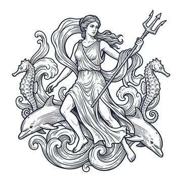 Sea goddess with trident dolphins and seahorses illustration.